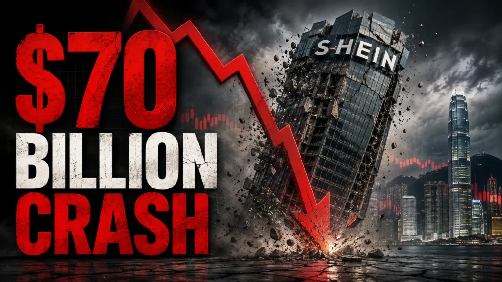 Shein $70 billion valuation crash graphic showing Hong Kong stock exchange market pivot